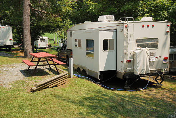 istock Fifth wheel at campsite 173571557
