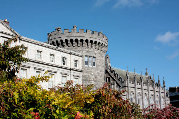 Historic castle in Dublin surrounded by plants and flowers stock photo