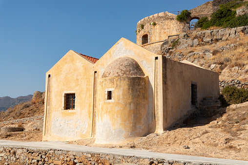Church of Agios Georgios Spinalonga, built in 1661, on the abandoned island of Spinalonga, Crete, Greece.