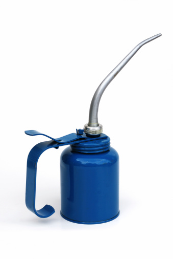 Blue oil can on white background