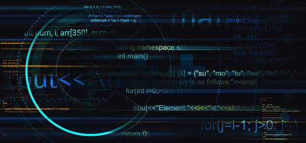 An abstract colorful theme background with elements of computer programming software script with glowing effects