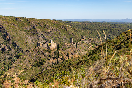 Cathar castles Châteaux de Lastours (in Occitan Lastors) seen from Mont Clergue