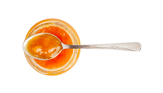 Orange Jam in Jar Isolated, Apricot Marmalade, Fruit Jelly Fruity Confiture, Yellow Red Syrup in Spoon, Mango Sauce, Orange Jam Jar on White Background