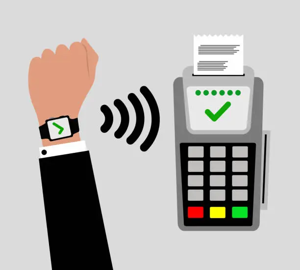 Vector illustration of A man makes contactless payments with a smartwatch app