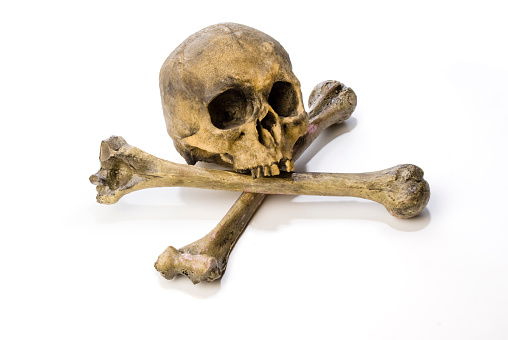 Pirate or poison sign made with real bones and skull. Has white background and also could be use to represent danger or poison
