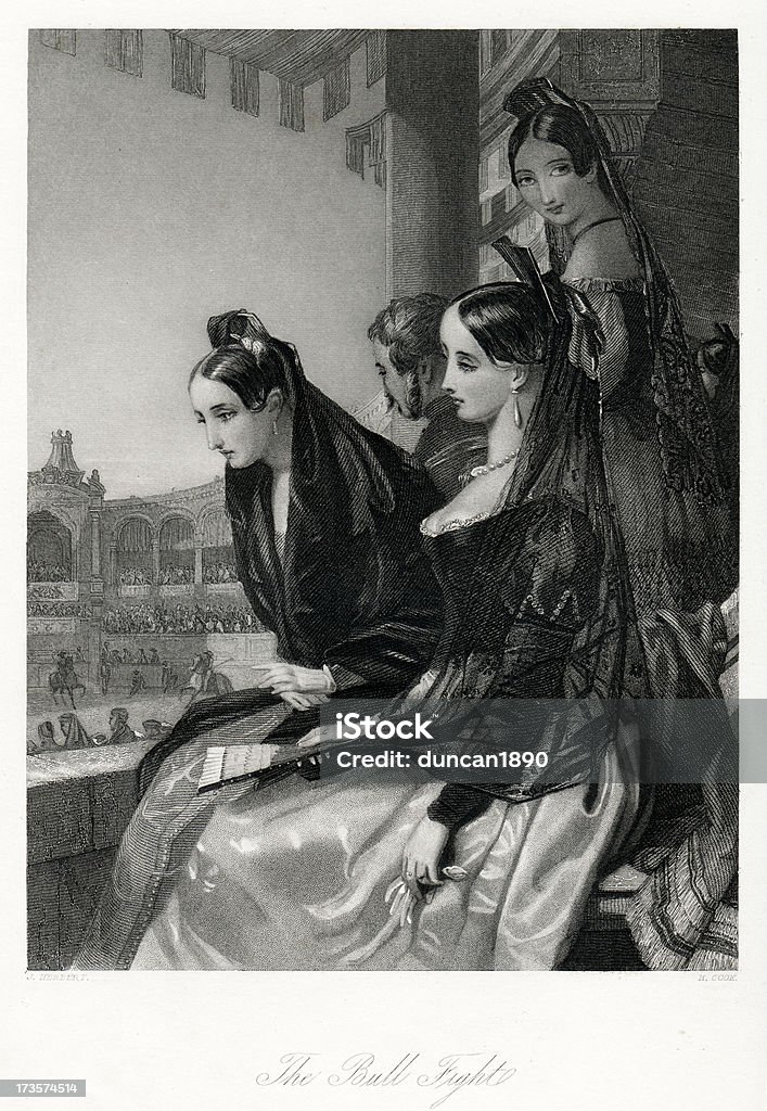 The Bull Fight Vintage engraving showing three woman in traditional spanish dress watching the bull fight. Engraving from 1855 photo by D Walker 19th Century stock illustration