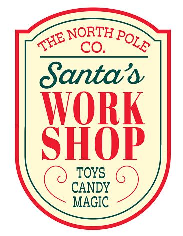 Vector illustration of a Santa's Workshop label sign design for Christmas and Holiday on white background. Includes fully editable vector eps and high resolution jpg in download.