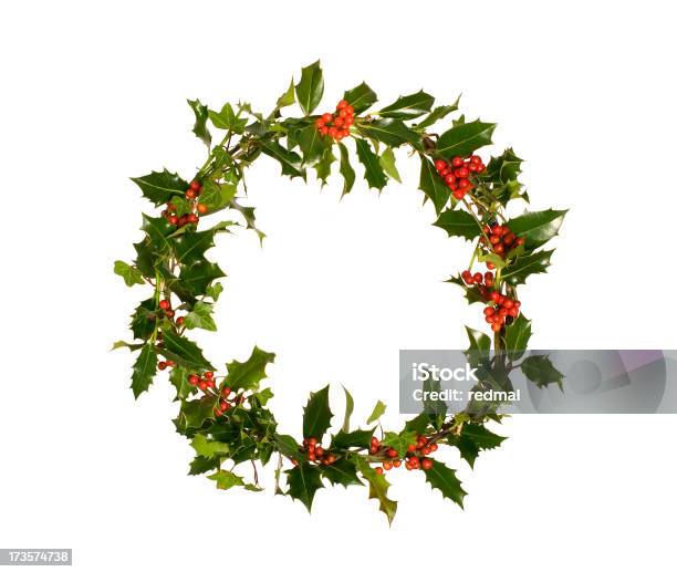 Green Holly Wreath With Red Berries Stock Photo - Download Image Now - Christmas, Holly, Wreath