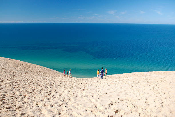 A marker indicating dune height at the Pierce Stocking Lookout Point  at Sleeping Bear Dunes outside of Empire Michigan.