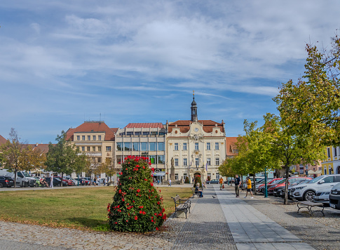 Beroun- Czech- 2 October 2023: baroque town hall and gothic Prague tower, Hus square, town Beroun, Central Bohemian region, Czech republic - part of protected historical center . High quality photo