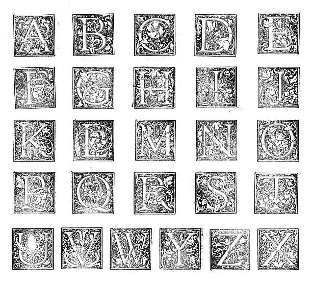 tipográficos decorativa iniciais - gothic style letterpress alphabet typescript imagens e fotografias de stock