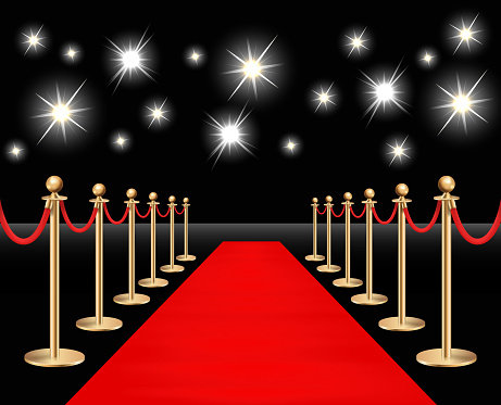 Red carpet and golden barriers isolated with sparkling spotlights. Realistic isolated fence with rope on black background. Vector illustration.