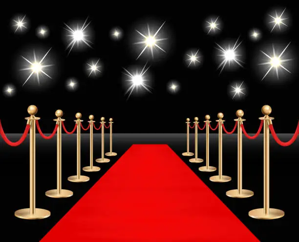 Vector illustration of Red carpet and golden barriers isolated with sparkling spotlights. Realistic isolated fence with rope on black background. Vector illustration.