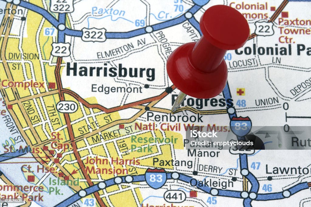 Harrisburg, Pennsylvania on a map. "A red pushpin on a map pointing to Harrisburg, Pennsylvania." City Stock Photo