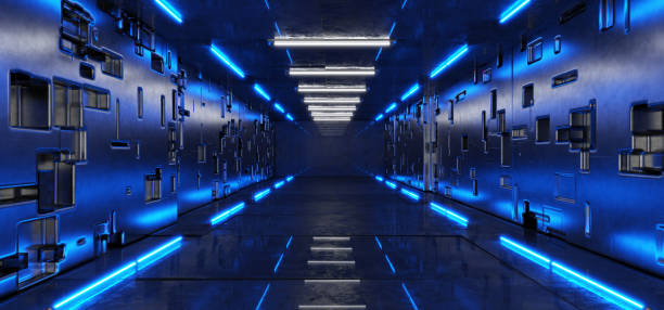istock Technology background. Futuristic background. Futuristic corridor. Hangar. Neon Laser. Garage. Metal. Led lights. Showroom. Tunnel. 3D Rendering 1735798321
