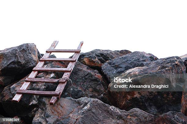 Wooden Ladder On Rocks Stock Photo - Download Image Now - Boulder - Rock, Concepts, Copy Space