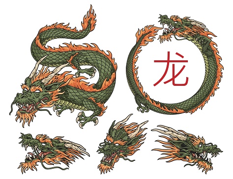 Chinese dragon set emblems colorful with mythological serpent lun in different positions for design magazines about shadow theater vector illustration