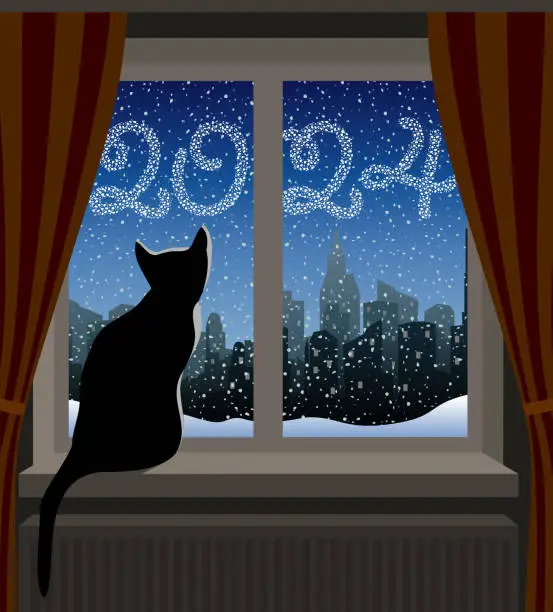 Vector illustration of Cat Looking at Winter City. New Year 2024