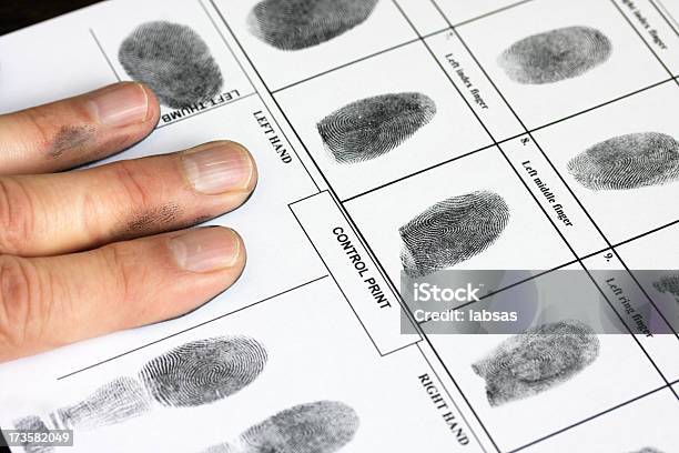 Fingerprints On Authentic Fingerprint Form Stock Photo - Download Image Now - Beauty, Biometrics, Black Color