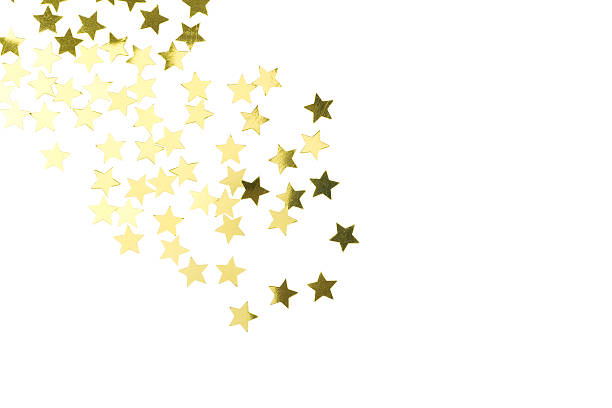 Golden star confetti scattered on white background