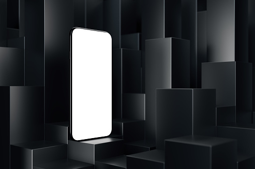 Smartphones with blank screen on dark geometric background, beautiful mockup for your app design