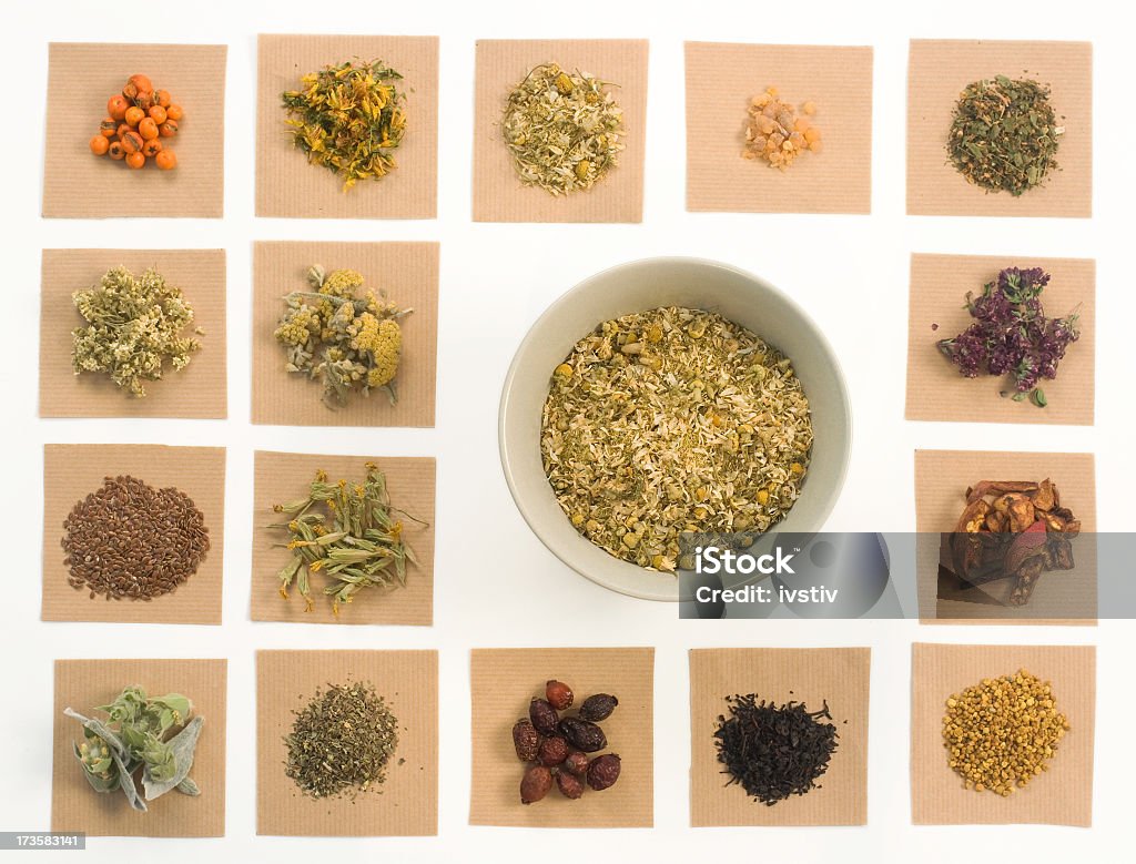 Medical Herbs Bowl with Herbs and assorted herbs on brown paper. Alternative Medicine Stock Photo