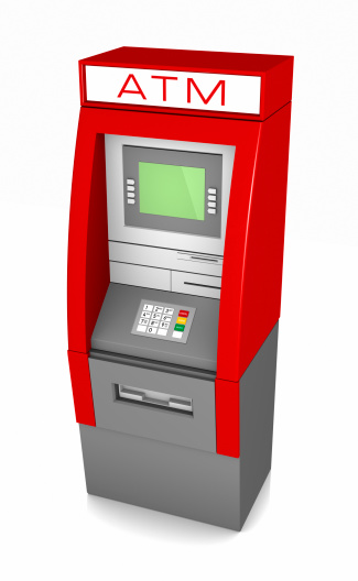 Modern automated cash machine and flying money on blue background