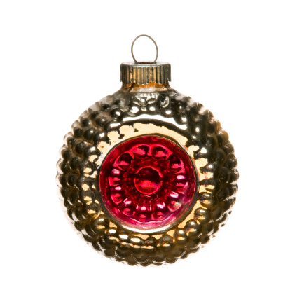 An antique blown glass Christmas Ornament.  Isolated on White.