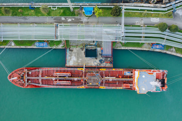 istock Ship tanker with LPG. Process of loading of tanker, drone aerial view 1735868257