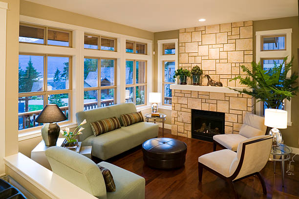 Romantic interior with fireplace in the bedroom.