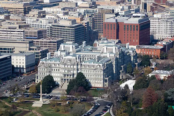 "The Eisenhower Executive Office Building is located next to the West Wing of the White House, and houses a majority of offices for White House staff. Originally built for the State, War and Navy Departments between 1871 and 1888, the EEOB is an impressive building that commands a unique position in both the American national history and architectural heritage."