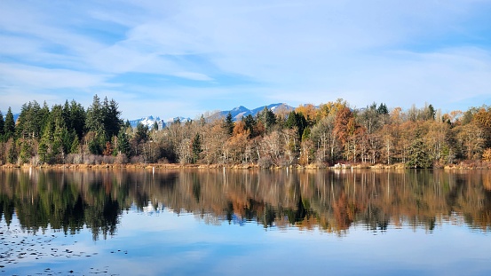 Beautiful reflections of mountain range, blue sky and trees on the calm deer Lake, Burnaby , British Columbia Canada