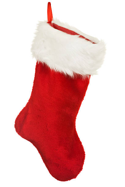 aislado rojo medias de navidad con adorno de navidad - medias de liga fotografías e imágenes de stock