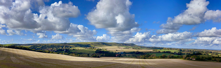 Panorama of the South Downs looking towards Berwick and Firle Beacon near Lewes in East Sussex