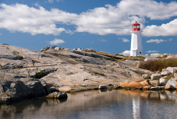 Peggy's Cove Lighthouse "with reflection in pond.  Nova Scotia, Canada" lighthouse lighting equipment reflection rock stock pictures, royalty-free photos & images