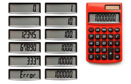 Solar powered calculator with alternate displays and digits sets - isolated on white with soft shadow + clipping paths