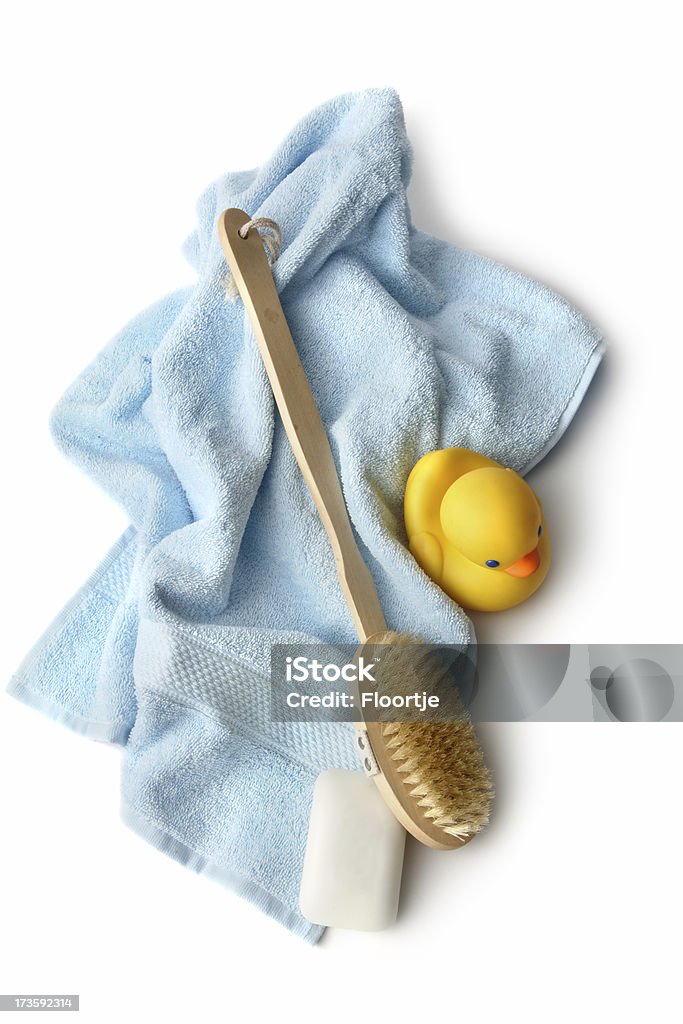 Bad: Gummi-Ente, Handtücher, Seife und BathBrush - Lizenzfrei Toilettenartikel Stock-Foto
