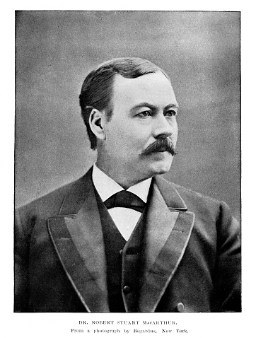 Portrait of Dr. Robert Stuart MacArthur (July 31, 1841 in Canada – February 23, 1923 New York), pastor of  Calvary Baptist Church in New York City, New York, USA. Photograph published 1896. Original edition is from my own archives.  Copyright expired; artwork is in Public Domain.