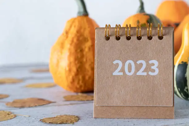 2023 year calendar with pumpkin and autumn leaves on wooden table. Thanksgiving day concept. Close-up.