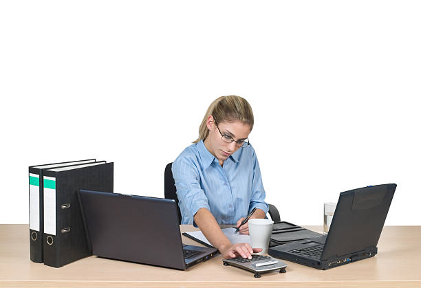 female office worker "Beautiful female office worker isolated on white background working, writing with laptop ..." jacraa2007 stock pictures, royalty-free photos & images