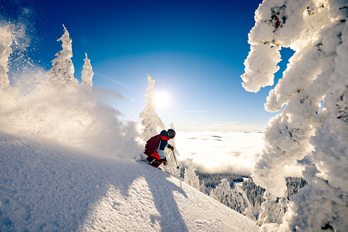 Powder skiing on sunny day