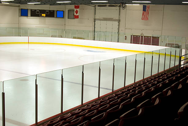 Empty Hockey Rink An empty hockey rink and stands in a North American town. Canadian and American flags by end boards.Related Images. scoreboard stadium sport seat stock pictures, royalty-free photos & images