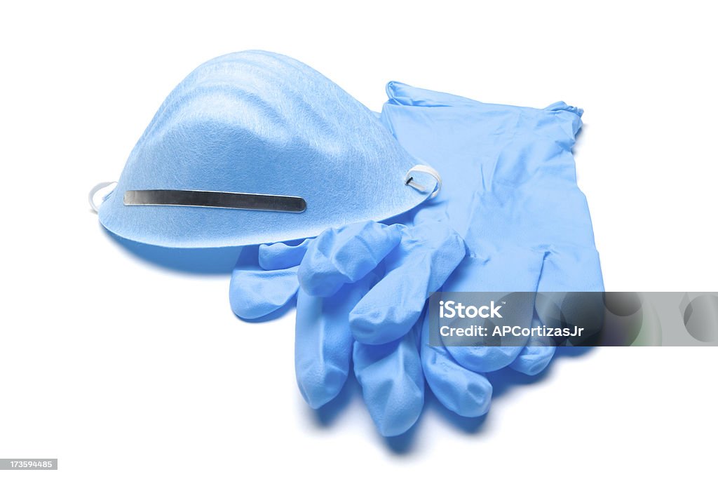 Blue OP-Handschuhe und Gesicht Maske auf weißem Hintergrund - Lizenzfrei Blau Stock-Foto