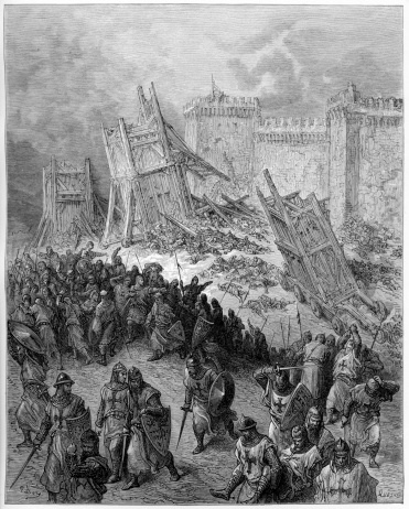 Vintage engraving showing the second assault on Jerusalem in 1099 and the crusaders being repulsed.  Engraving from 1875, photo by d walker.