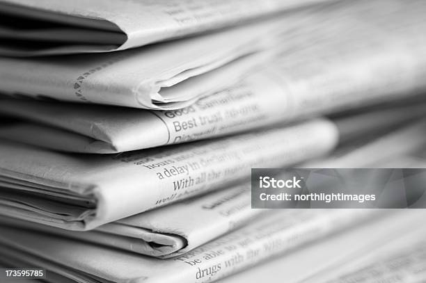 Stack Of Newspapers Stock Photo - Download Image Now - Black And White, Broadsheet - Newspaper, Close-up