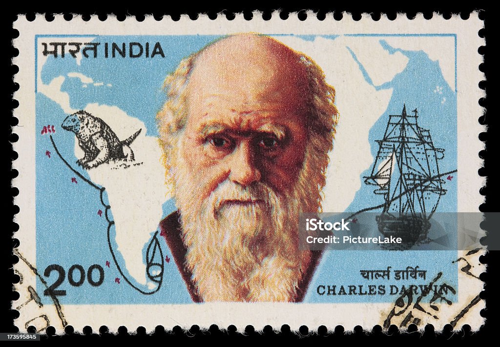 India Charles Darwin postage stamp An Indian postage stamp with an image of Charles Darwin in front of a world map with the route of his sailboat The Beagle (also shown) drawn on it.  DSLR with 100mm macro; no sharpening. Charles Darwin - Naturalist Stock Photo