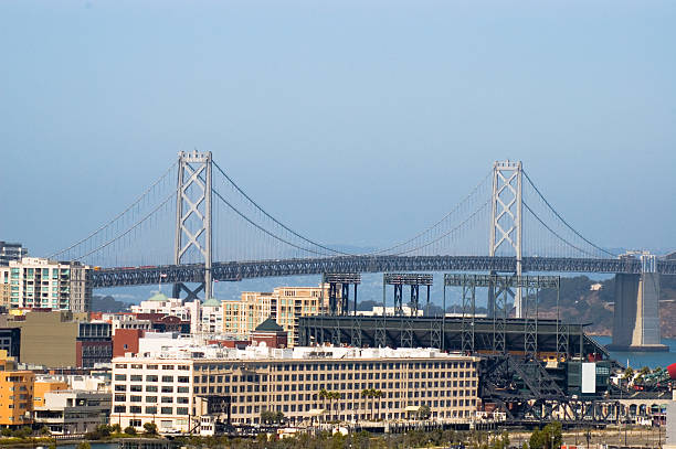 A view of the San Francisco - Oakland Bay Bridge from San Francisco with AT&T Park (home of the San Francisco Giants baseball team) in the foreground