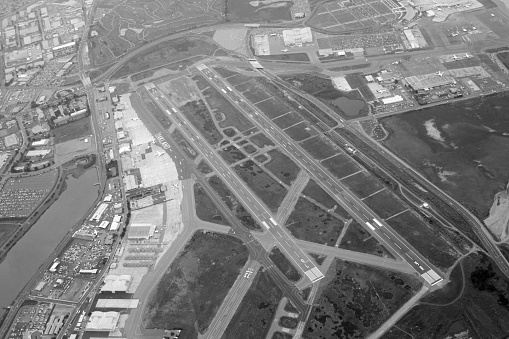 Monochrome aerial of Oakland, California International Airport.