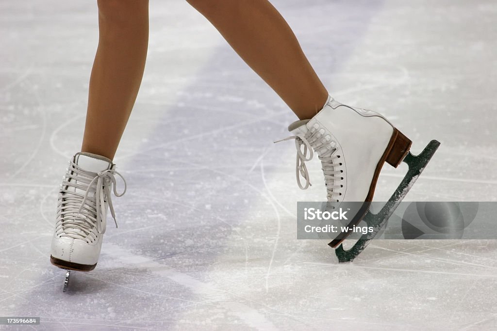 Close up of figure skaters feet in skates on ice legs in skates Figure Skating Stock Photo