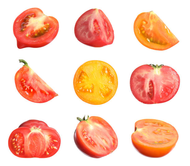 istock Set with different ripe cut tomatoes on white background 1735980200
